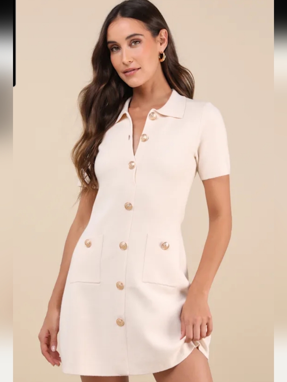 NWT Lulus Cream Quiet Luxury Capsule Gold Button Pocket Knit Collar Dress - Picture 2 of 9